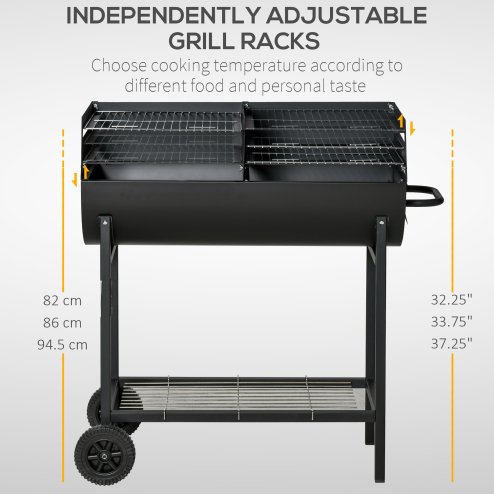 Outsunny Trolley Charcoal BBQ Barbecue Grill Cooker with 3-Level Adjustable Height Grill Nets, Patio Outdoor Garden Heating Heat Smoker with Wheels, 90 x 45 x 96 cm, Black