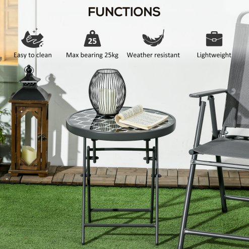 Outsunny ??45cm Garden Side Table, Outdoor Round Folding Patio Table with Imitation Marble Glass Top, Small Coffee Table, Black and White