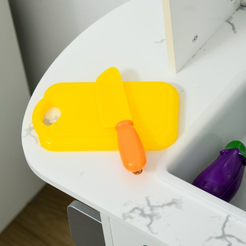 AIYAPLAY Wooden Play Kitchen Kids Toy Kitchen Playset Role Playing Game with Lights, Sounds, Apron and Chef Hat, Ice Maker, Microwave, Range Hood, Utensils, Cuttable Food, for Ages 3-6 Years - White