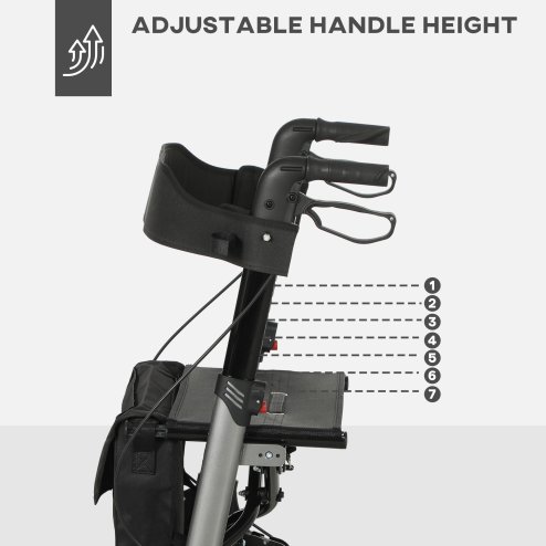 HOMCOM 4 Wheel Rollator with Seat and Back, Folding Mobility Walker with Carry Bag, Adjustable Height, Dual Brakes, Cane Holder, Lightweight Aluminium Walking Frame for Seniors and Disabled