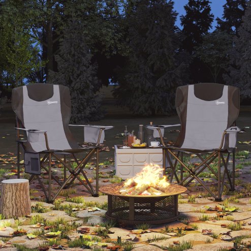 Outsunny Set of 2 Folding Camping Chairs, Padded Camping Chairs with Adjustable Armrests, Portable & Lightweight Folding Camp Chair with Cooler Bag, Cup Holder and Side Pockets, Grey