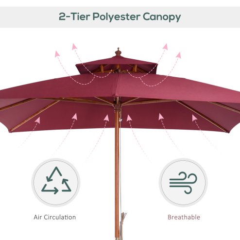Outsunny 3 x 3(M) Garden Parasol Umbrella Sunshade, Outdoor Wooden Parasol with Double Tier Canopy, Wine Red