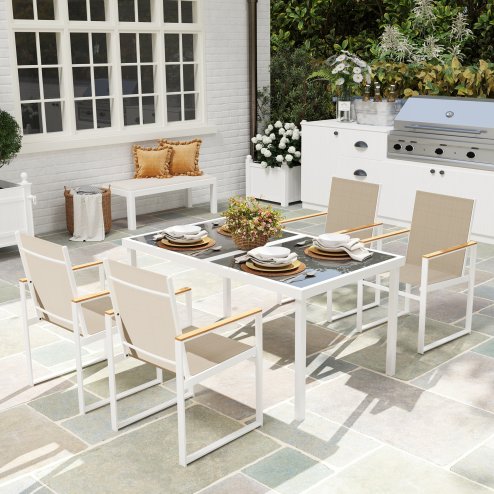 Outsunny 5 Piece Garden Table and Chairs, Outdoor Dining Set with Tempered Glass Table Top, 4 Armchairs with High Backrest, 4 Seater Garden Furniture Set for Deck, Balcony