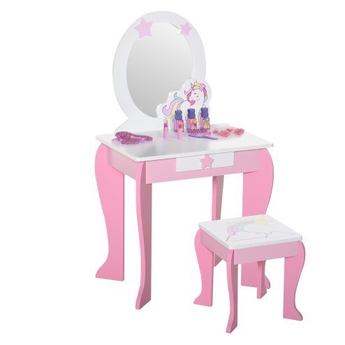 HOMCOM Girls Dressing Table with Mirror, Stool, Kids Dressing Table, Unicorn-Designed Play Toy for Toddles Girls Age 3-6 Years, Acrylic Mirror, Pink and White Image