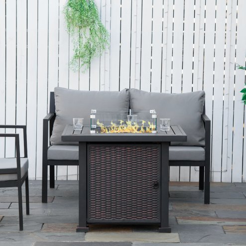 Outsunny Square Propane Gas Fire Pit Table, 50000 BTU Rattan Smokeless Firepit Patio Heater with Glass Screen, Glass Beads and Lid, 81cm x 81cm x 64cm, Black Image