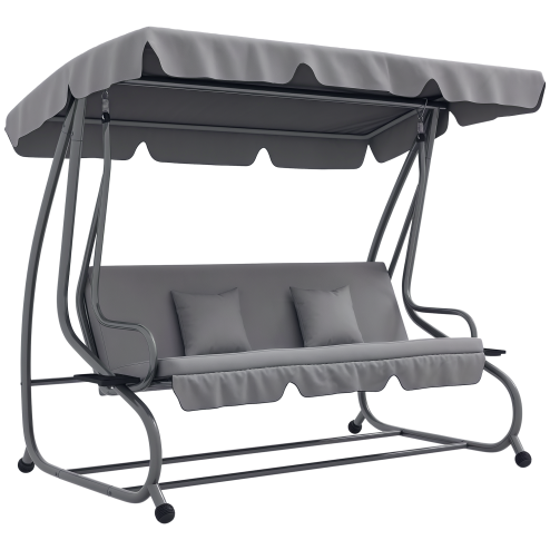 Outsunny 2-in-1 Garden Swing Seat Bed, 3 Seater Convertible Swing Chair Bench with Tilting Canopy, Cushioned Seat and 2 Pillows for Patio, Garden, Light Grey