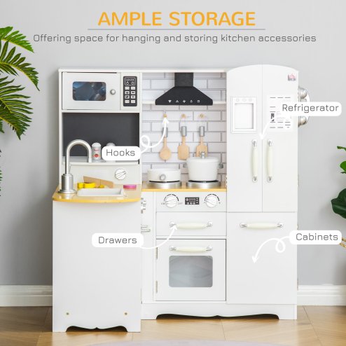 HOMCOM Toy Kitchen, Wooden Kids Kitchen with Realistic Refrigerator, Microwave, Oven, Range Hood, Sink, Telephone, Sounds, Storage Space, for 3-6 Years Old, White