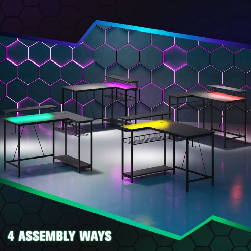 HOMCOM L Shaped Gaming Desk with LED Lights, Power Outlet, USB Charging Ports, 107cm Reversible Corner Computer Desk with Storage Shelves, Monitor Stand for Home Office, Small Space, Black