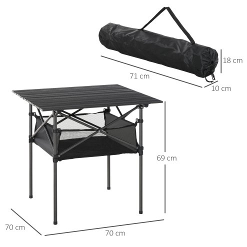 Outsunny 70cm Aluminum Roll-Top Table w/Mesh Bag Camping Outdoor Dining Foldable w/Steel Frame Picnic Lightweight Hiking Furniture Desk, Black