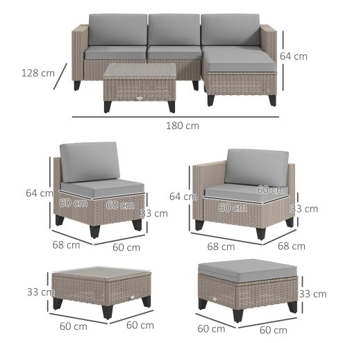 Outsunny 5 Pieces PE Rattan Garden Furniture Set, 4 Seater Garden Corner Sofa Set with Glass Coffee Table, Wicker Outdoor Furniture Set with Cushions for Patio Deck, Brown