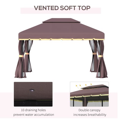 Outsunny 3 x 4m Aluminium Garden Gazebo, Marquee Canopy Shelter Pavilion Party Tent with Nets and Curtains for Garden and Deck, Coffee