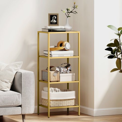 HOMCOM 4-Tier Shelving Unit, Modern Glass Shelf, Bookshelf, Storage Rack for Living Room, Home Office, Bedroom, Bathroom, 40 x 30 x 97 cm, Gold Tone
