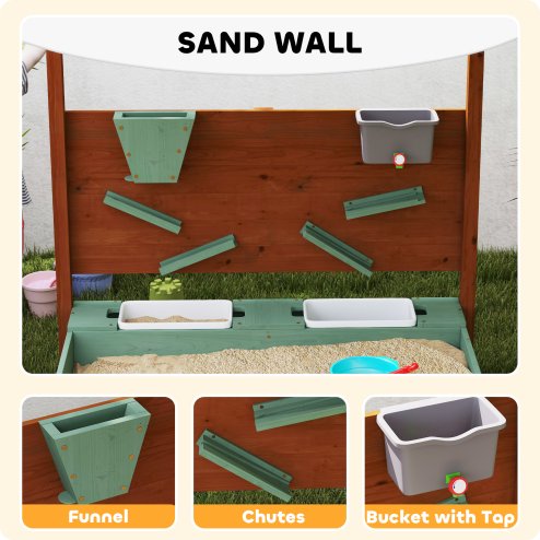 AIYAPLAY Wooden Kids Sandpit Outdoor Sandbox with Canopy with 2 Storage Bins, Funnel, Liner, Chutes, Bucket with Tap for 3-6 Years, 116 x 112.5 x 128 cm, Green