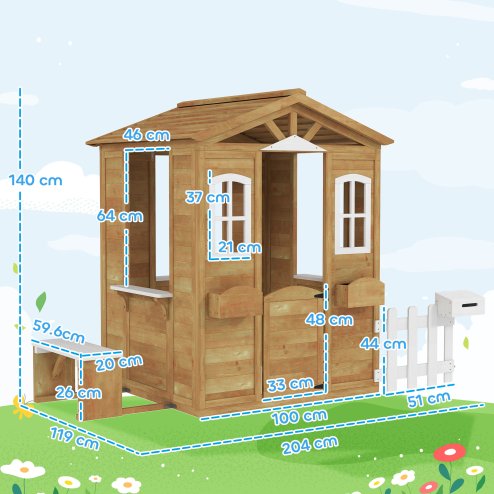 Outsunny Wooden Playhouse for Kids Outdoor Wendy House with Door, Windows, Mailbox, Flower Pot Holder, Serving Station, Bench for Children, Toddlers, Yellow