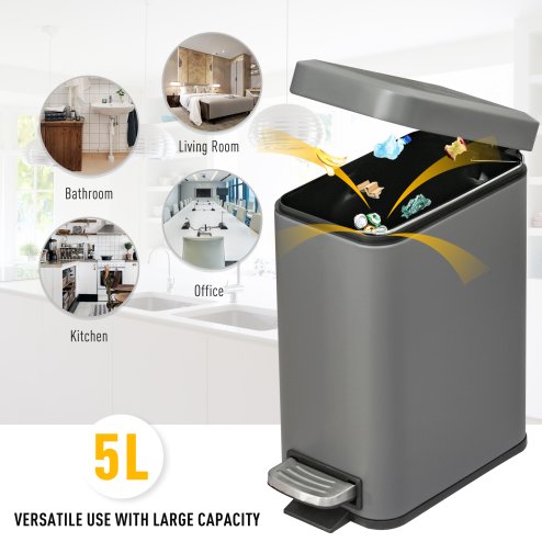 HOMCOM 5L Rectangular Compact Bin Steel Body Removable Bucket Quiet-Close Lid w/ Pedal Lid Rubbish Trash Can Home Office Bedroom Bathroom Living Room Garbage Tidy Clean 