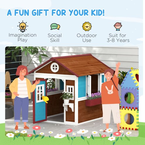 Outsunny Wooden Playhouse for Kids Outdoor Wendy House with Doors, Windows, Plant Pots, Boxes, for 3-8 Years - Dark Brown