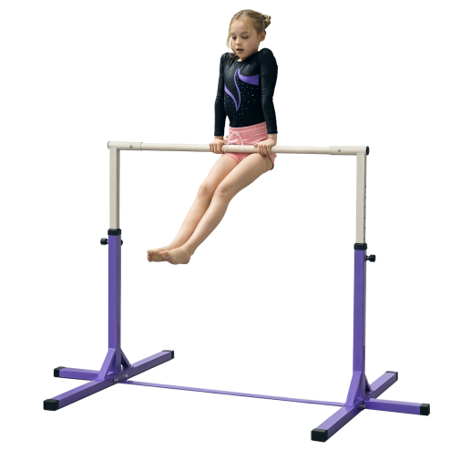 HOMCOM Height Adjustable Gymnastics Horizontal Bar For Kids Home Gym Training Children Junior Kip High Bar Fitness, Purple Image