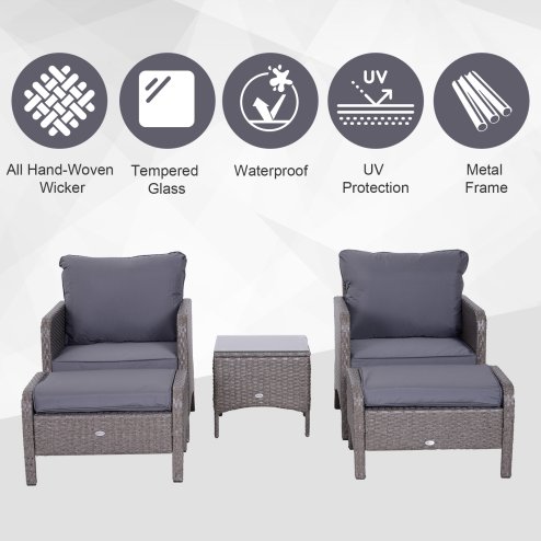 Outsunny 5 Pieces PE Rattan Garden Furniture Set with 10cm Thick Padded Cushions, Wicker Weave Outdoor Seating Chairs with 2 Armchairs, 2 Stools, Glass Top Table, Grey
