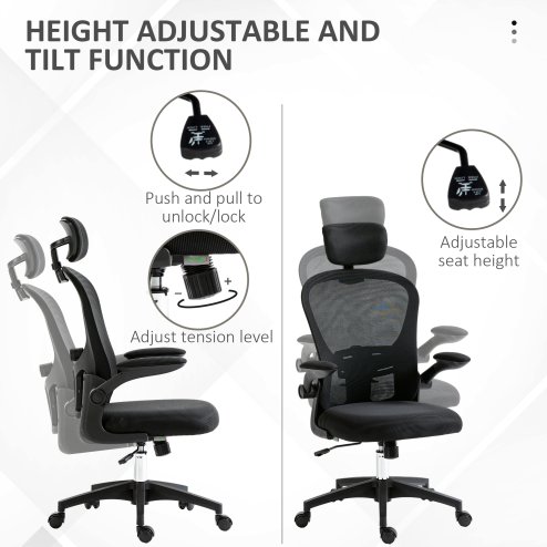 Vinsetto High Back Office Chair, Mesh Computer Desk Chair with Rotatable Headrest, 4D Lumbar Support, Flip-up Arm, Adjustable Height, Black