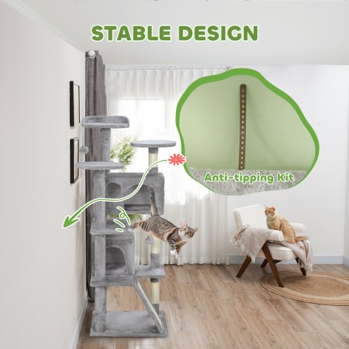 PawHut Cat Tree, 138cm Cat Tower with Sisal Scratching Posts and Pad, Bed, Condos, Platforms, Toy Balls, Anti-Tip Kit, Kitten Activity Centre for Indoor, Light Grey