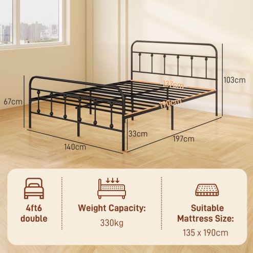 HOMCOM 4ft6 Double Bed Frame with Underbed Storage, Metal Platform Bed frame with Tall Headboard, Footboard and Steel Slat Support, No Box Spring Needed, Easy Assembly, Black