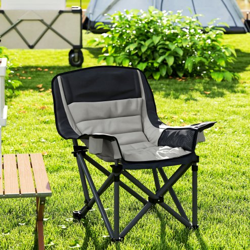 Outsunny Folding Camping Chair for Adults, Portable Padded Folding Chair with Cup Holders, Side Pockets and Carry bag for Picnic, Hiking, Fishing, Grey