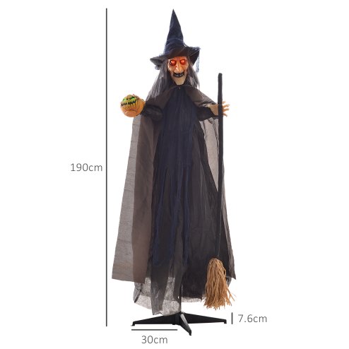 HOMCOM 190cm Witch with Broomstick Outdoor Halloween Decoration, Halloween Animatronic with Sound Activated, Light Up Eyes, Sound Effects, Animated Prop for Haunted House