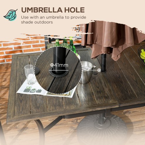 Outsunny Garden Table with Parasol Hole, Outdoor Garden Dining Table with Wood Grain Tabletop and Steel Frame for Patio, Deck, Balcony, Brown, 150 x 96 x 73cm
