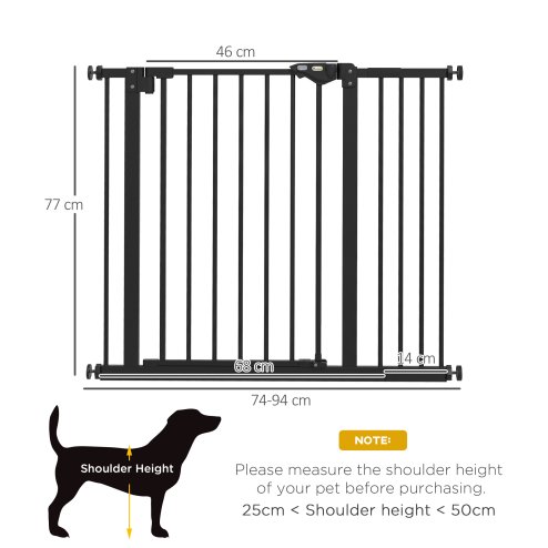 PawHut Dog Gate Stair Gate Pressure Fit Pets Barrier Auto Close for Doorway Hallway, 74-94cm Wide Adjustable, Black