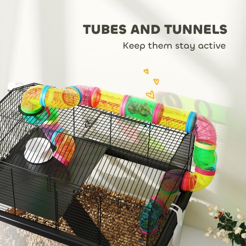 PawHut Hamster Cage, 2 Tier Gerbil Cage with 31cm Deep Tray, Tube System, Water Bottle, Ramp, Feeding Bowl, 58 x 43 x 57cm, Multicoloured