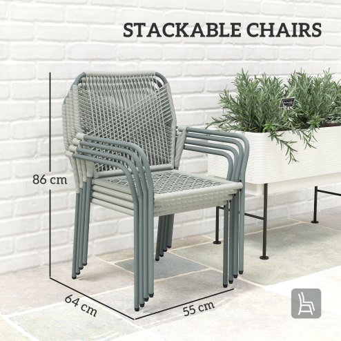Outsunny 5 Piece Wicker Garden Dining Set, PE Rattan Garden Furniture Set with 4 Stackable Chairs, Tempered Glass Top Table and Cushions, Outdoor Table and Chairs for Patio, Conservatory, Light Grey
