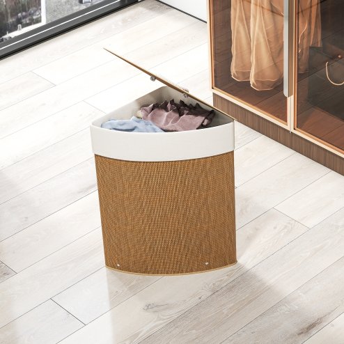 HOMCOM Bamboo Laundry Basket with Lid, 55L Corner Laundry Hamper with Removable Washable Liner Bag, Bathroom Triangle Washing Basket, 35 x 35 x 60 cm