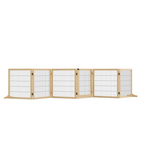 PawHut Freestanding Pet Gate, 6 Panel Foldable Playpen, Wooden Dog Gate with 2 Support Feet, for Stairs, Doorway - Natural Tone
