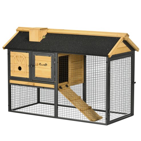 PawHut 2 Tiers Rabbit Hutch and Run, Guinea Pig Hutch Outdoor with Sliding Tray, Ramp, for 1-2 Rabbits