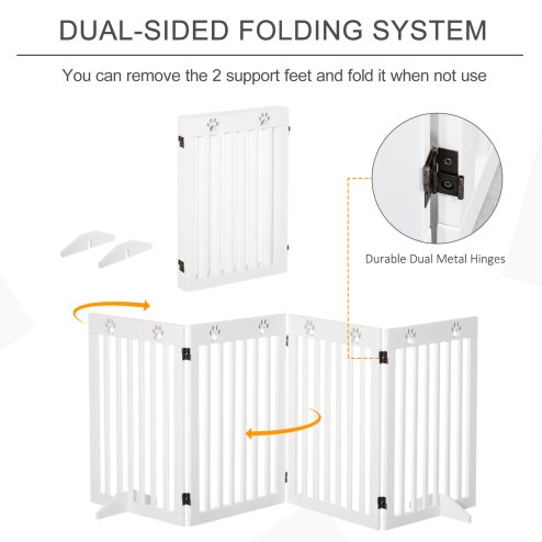 PawHut Freestanding Pet Gate 4 Panel Dog Barrier Folding Safety Fence with Support Feet up to 204cm Long 75cm Tall for Doorway Stairs, White