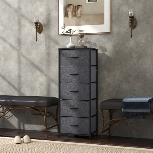 HOMCOM Fabric Chest of Drawers, Storage Drawers, Industrial Bedroom Dresser with 5 Fabric Drawers, Steel Frame and Wooden Top for Nursery, Living Room, Hallway, Dark Grey