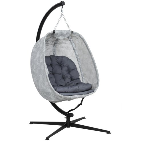 Outsunny Hanging Egg Chair Outdoor Indoor Garden Swing Chair with Folding Basket, Garden Hanging Chair with Stand, Thickened Cushion, Cup Holder for Patio, Balcony, Grey Image