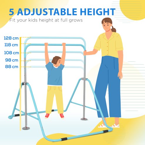 HOMCOM Kids Gymnastic Bar, Foldable Horizontal Bars w/ Adjustable Height, Training Bar w/ Triangle Base - Light Blue