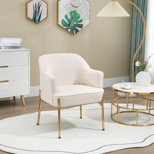 HOMCOM Accent Chair, Living Room Armchair, Vanity Chair with Gold Plating Metal Legs and Soft Padded Seat for Bedroom and Cafe, Cream Image