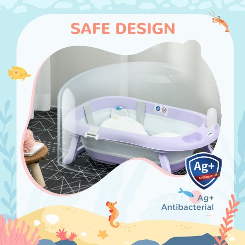 ZONEKIZ Foldable Baby Bath Tub Set, Collapsible Bathtub Antibacterial with Non-Slip Support, Cushion Pad, Shower Head Holder, for Newborn to Toddler Ages 0-6 Years - Purple