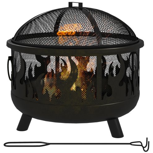 Outsunny Metal Firepit Bowl Outdoor 2-In-1 Round Fire Pit w/ Lid, Grill, Poker, Handles for Garden, Camping, BBQ, Bonfire, Wood Burning Stove, 61.5 x 61.5 x 52cm, Black Image