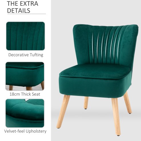 HOMCOM Velvet Accent Chair Occasional Tub Seat Padding Curved Back with Wood Frame Legs Home Furniture Green