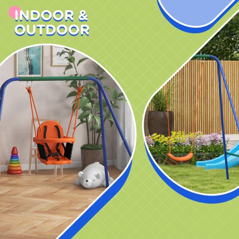 Outsunny 2 In 1 Nursery Swing for Toddlers, Kids, Garden Swing Set with Comfortable Seats, Safety Belt for Indoor, Outdoor Play - Blue and Orange