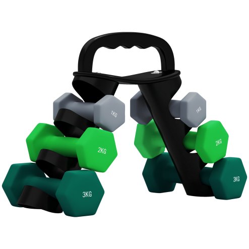 SPORTNOW Dumbbells Set with Carry Storage Rack, Set of 6 Weights for Home Gym, Kettlebell Training Weight Lifting Exercise, 2 x 1kg, 2 x 2kg, 2 x 3kg, Grey