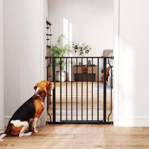 PawHut Dog Gate Wide Stair Gate w/ Door Pressure Fit Pets Barrier for Doorway, Hallway, 76H x 75-85W cm - Black