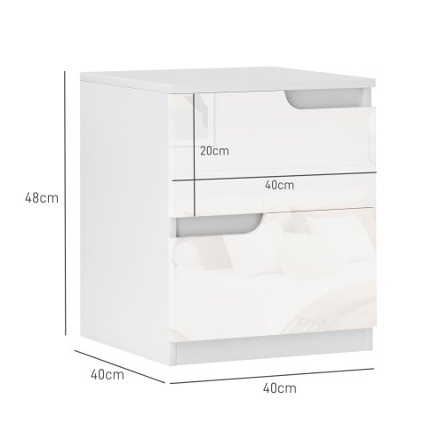 HOMCOM Bedside Table, Bedside Cabinet with 2 Drawers, Modern Side Table with Storage for Bedroom, Living Room, High Gloss White
