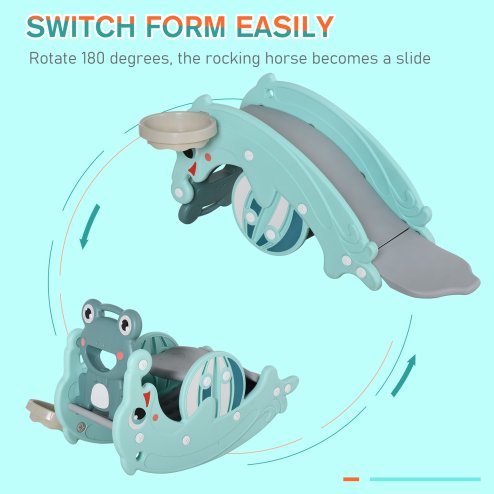 HOMCOM 3-in-1 Baby Rocking Horse Portable Slide Basketball Hoop Equipment Indoor Outdoor Playground Toy, Age 18-36 Months, Green