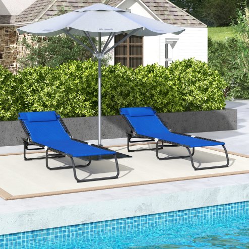 Outsunny 2 Piece Foldable Sun Loungers, Outdoor 4 Level Adjustable Backrest Reclining Chaise Chairs, Steel Frame Recliner Chair for Camping, Hiking, Navy Blue