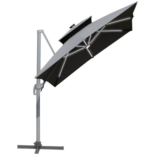 Outsunny 3m Cantilever Roma Parasol, Offset Patio Umbrella, Solar LED Lighted Hanging Sun Shade Canopy 250g Polyester SunShade with Aluminium Frame, Tilt & Crank Handle, Cross Base for Lawn, Grey