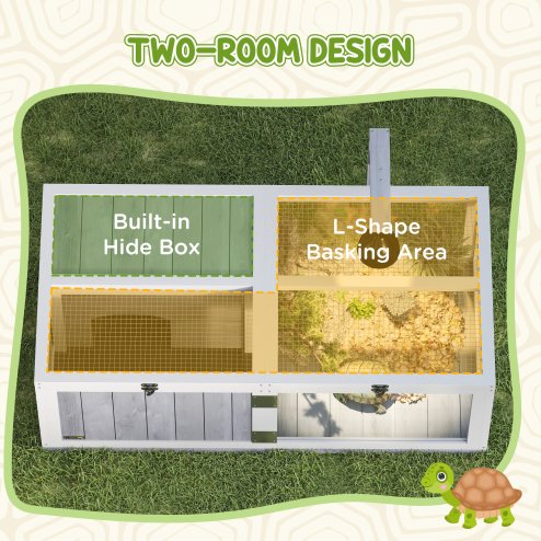 PawHut Tortoise House with Lamp Holder, Wooden Tortoise Enclosure with Clear Observation Windows, Openable Tops, Built-in Tray, Two-Room Turtle Table for Indoor Use, Light Grey